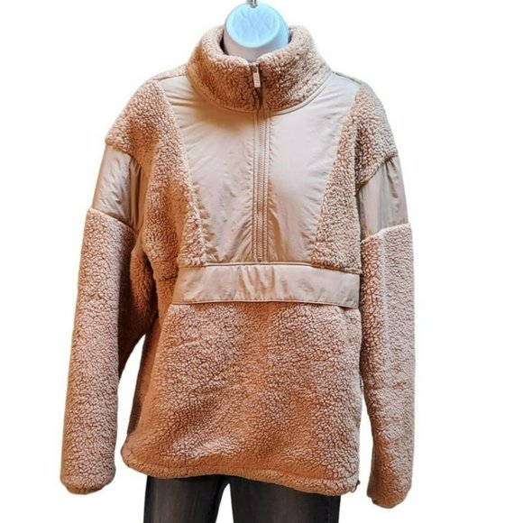 Pink Victoria's Secret Pink Peach Sherpa Fleece Fluffy Long Sleeve Half Zip Pull - Picture 2 of 5